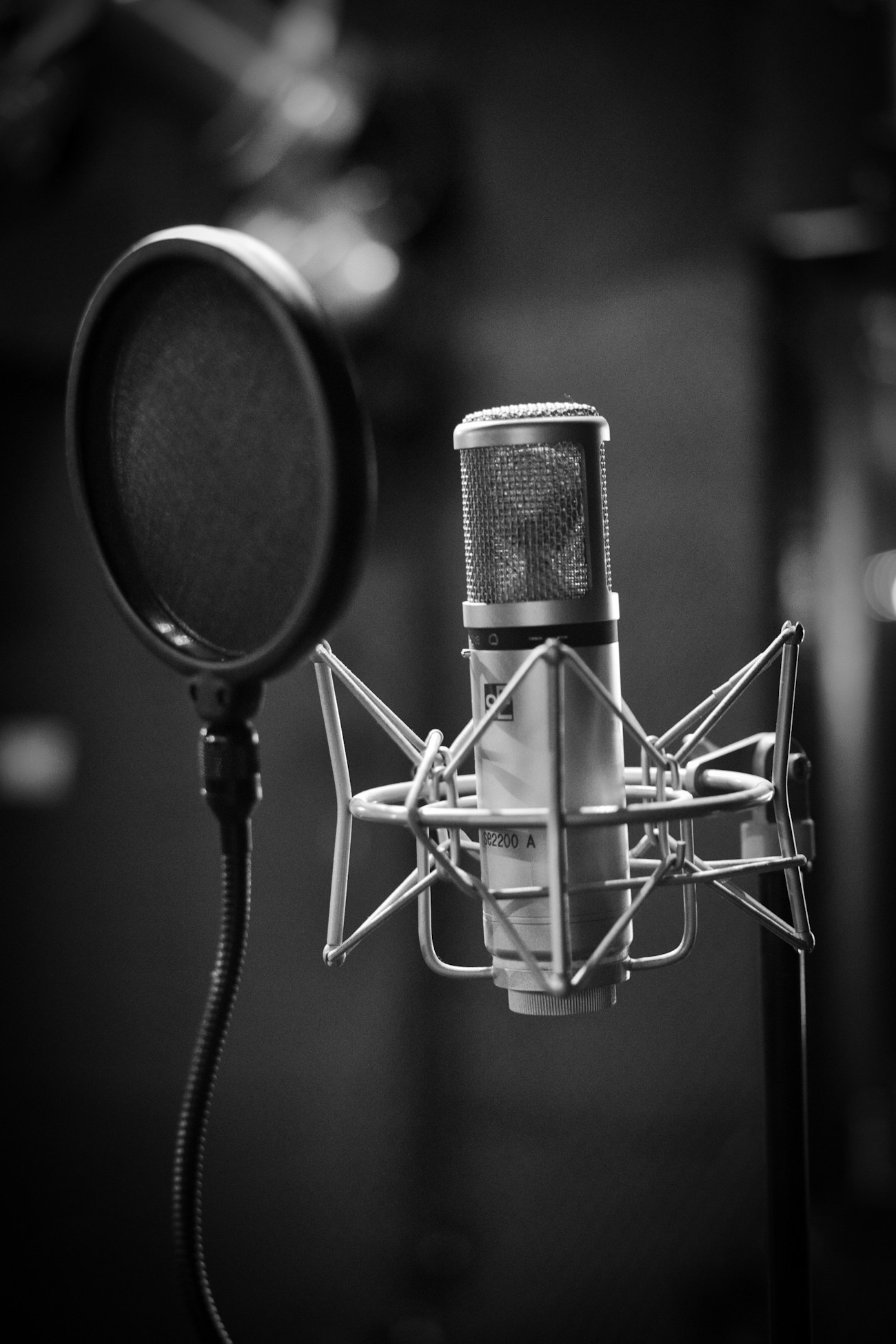 Studio microphone and pop filter, editorial image